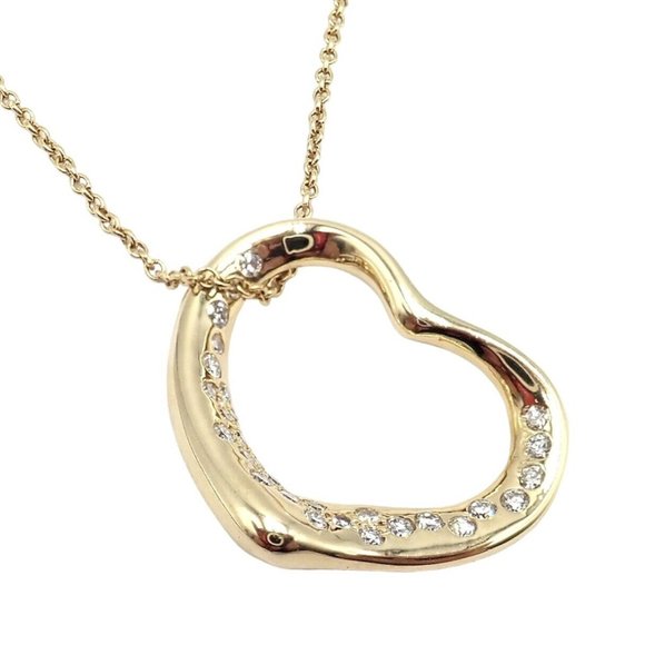 Authentic! Tiffany & Co Elsa Peretti 18k Yellow Gold Diamond Open Heart Necklace - Picture 1 of 10